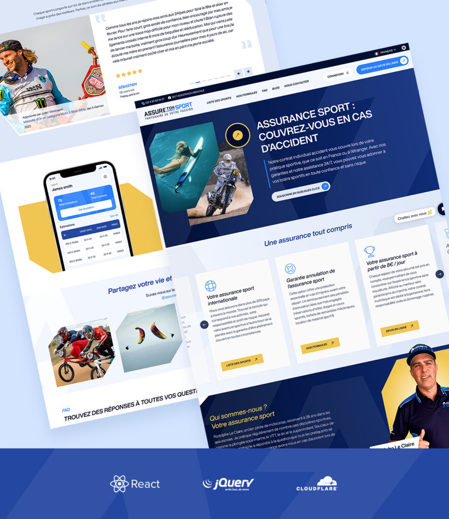 Aperçu du site Assure Ton Sport, développé avec React et jQuery, présentant une interface moderne et dynamique dédiée à l’assurance sportive.