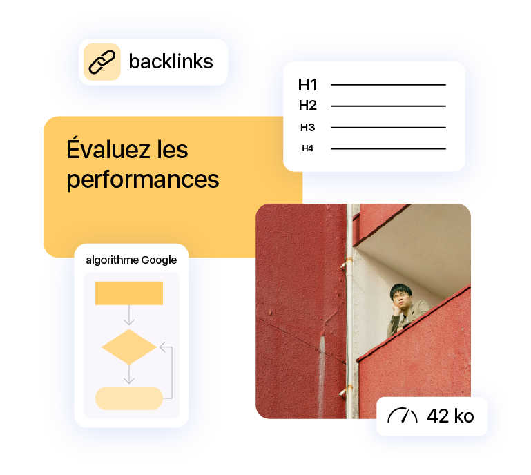Illustration éléments d’évaluation SEO : backlinks, structure des balises Hn, poids de page, algorithme Google et performance visuelle
