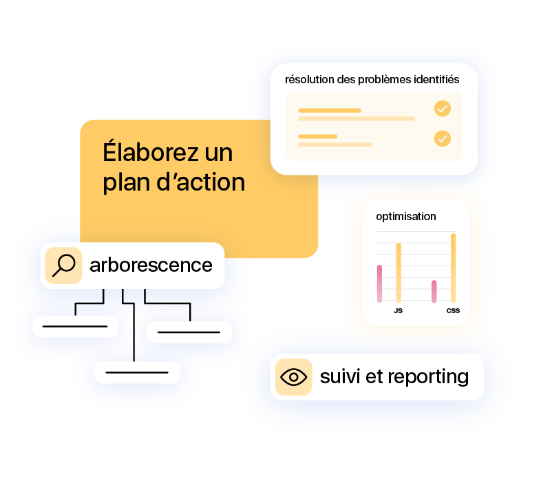 Illustration d’un plan d’action SEO : arborescence, optimisation, résolution de problèmes, suivi et reporting