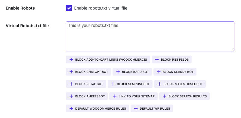 Illustration d'une interface de configuration du fichier robots.txt virtuel pour optimiser le SEO