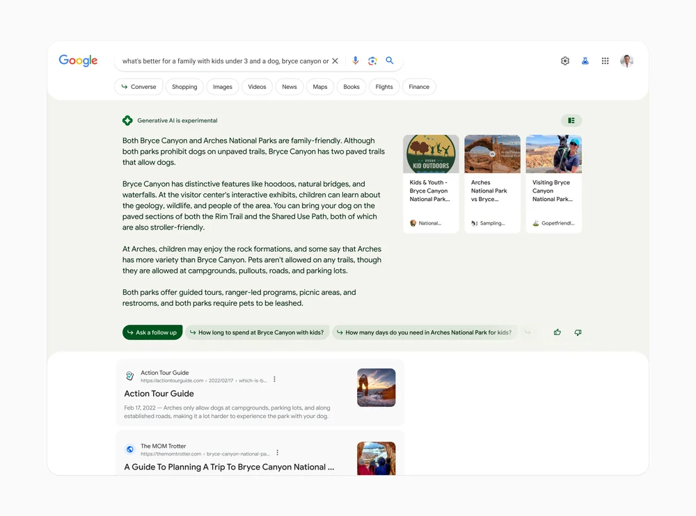 Animation montrant la Search Generative Experience sur Google avec des résultats enrichis générés par l'IA