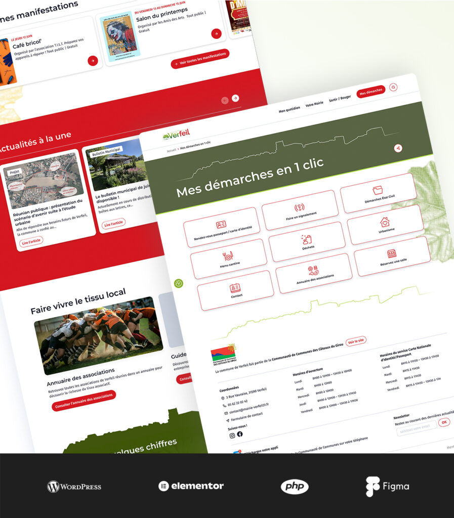 Aperçu du site de la mairie de Verfeil avec la section "Mes démarches en 1 clic", les actualités locales et les manifestations à venir, réalisé avec WordPress, Elementor et Figma