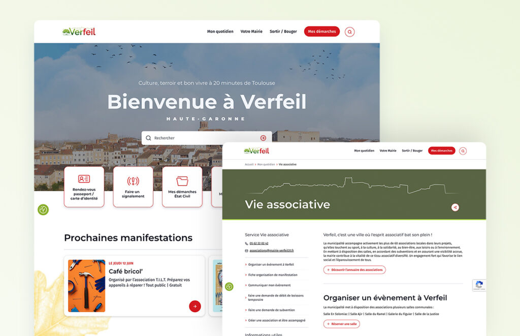 Interface de la page d'accueil du site de Verfeil avec les accès rapides aux démarches administratives, et la page "Vie associative" présentant les services aux associations