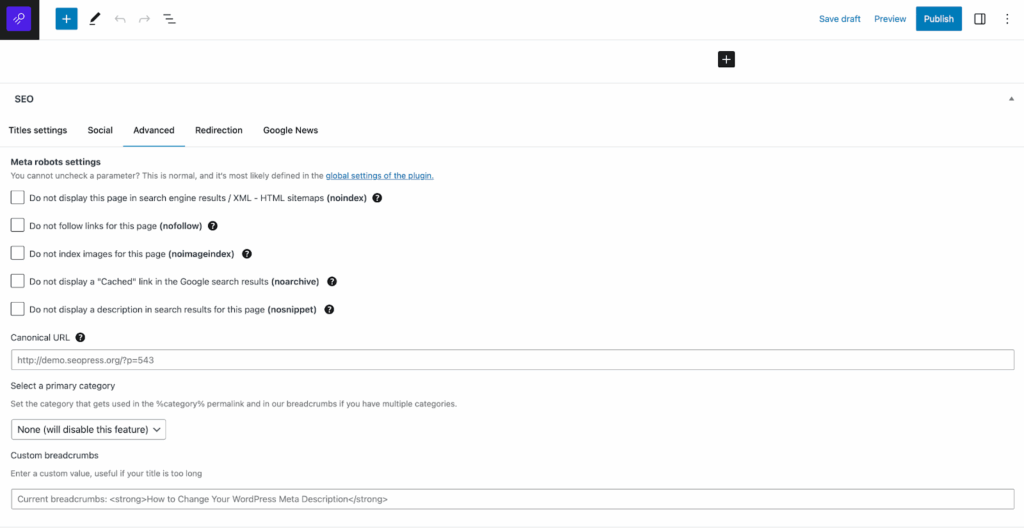 Capture d’écran des paramètres avancés SEO avec SEOPress dans WordPress, incluant les options meta robots et l’URL canonique