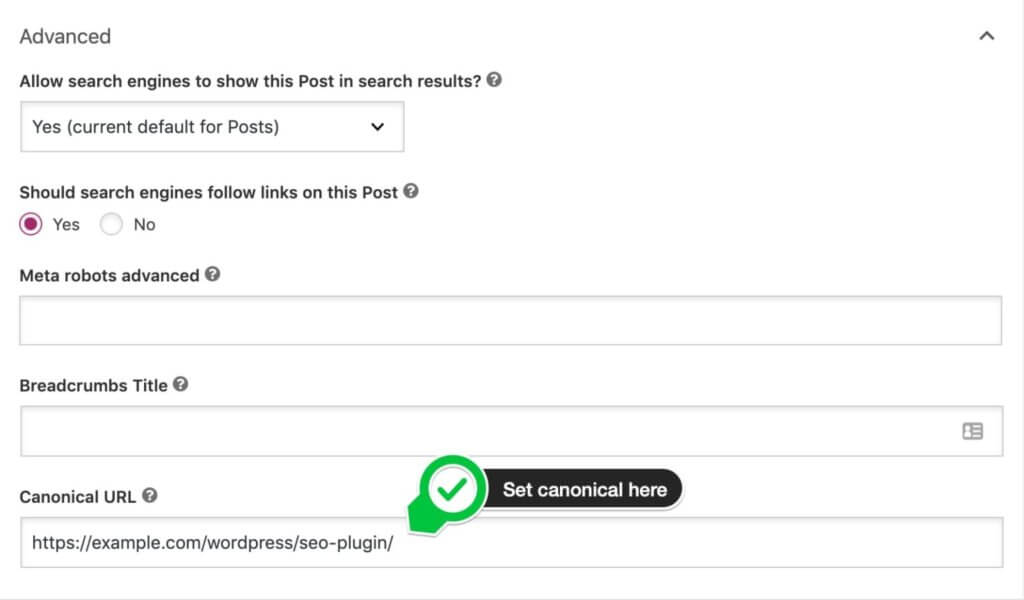 Capture d’écran de l’onglet avancé Yoast SEO dans WordPress avec les paramètres d’indexation et l’URL canonique
