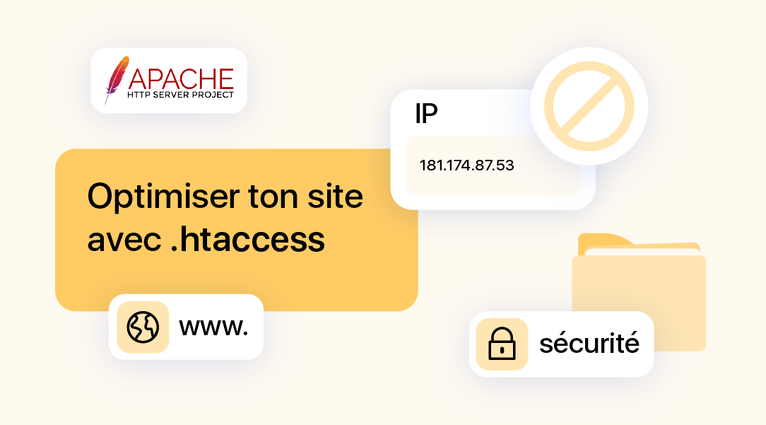 Illustration montrant des exemples d’optimisation d’un site avec .htaccess, incluant la sécurité, le blocage d’IP et la gestion du www