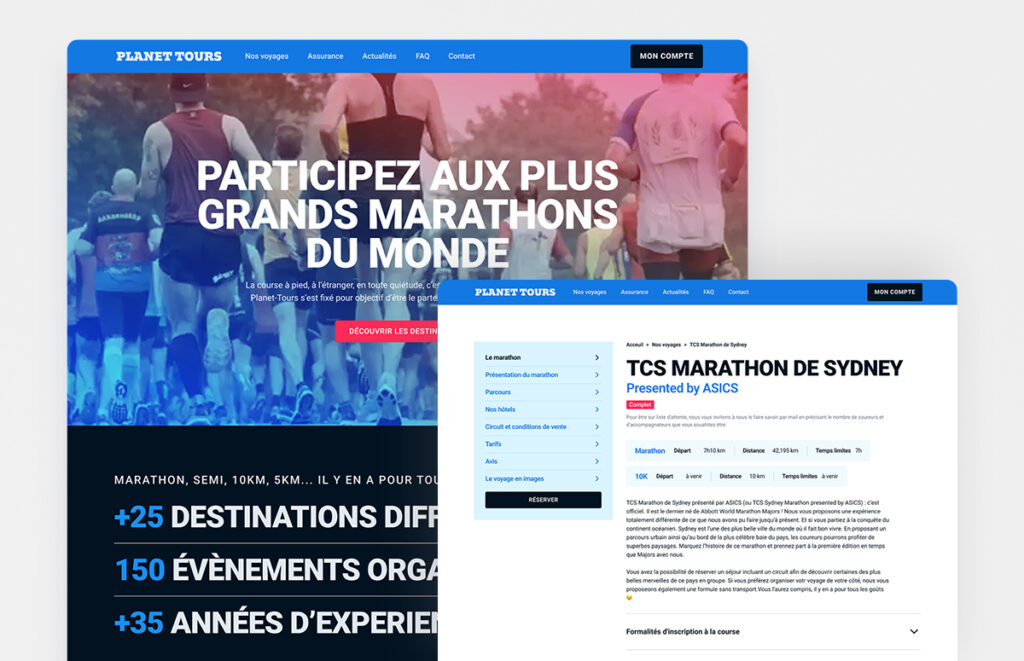 Aperçu du site Planet Tours avec la fiche du marathon de Sydney, développée sur WordPress et Elementor