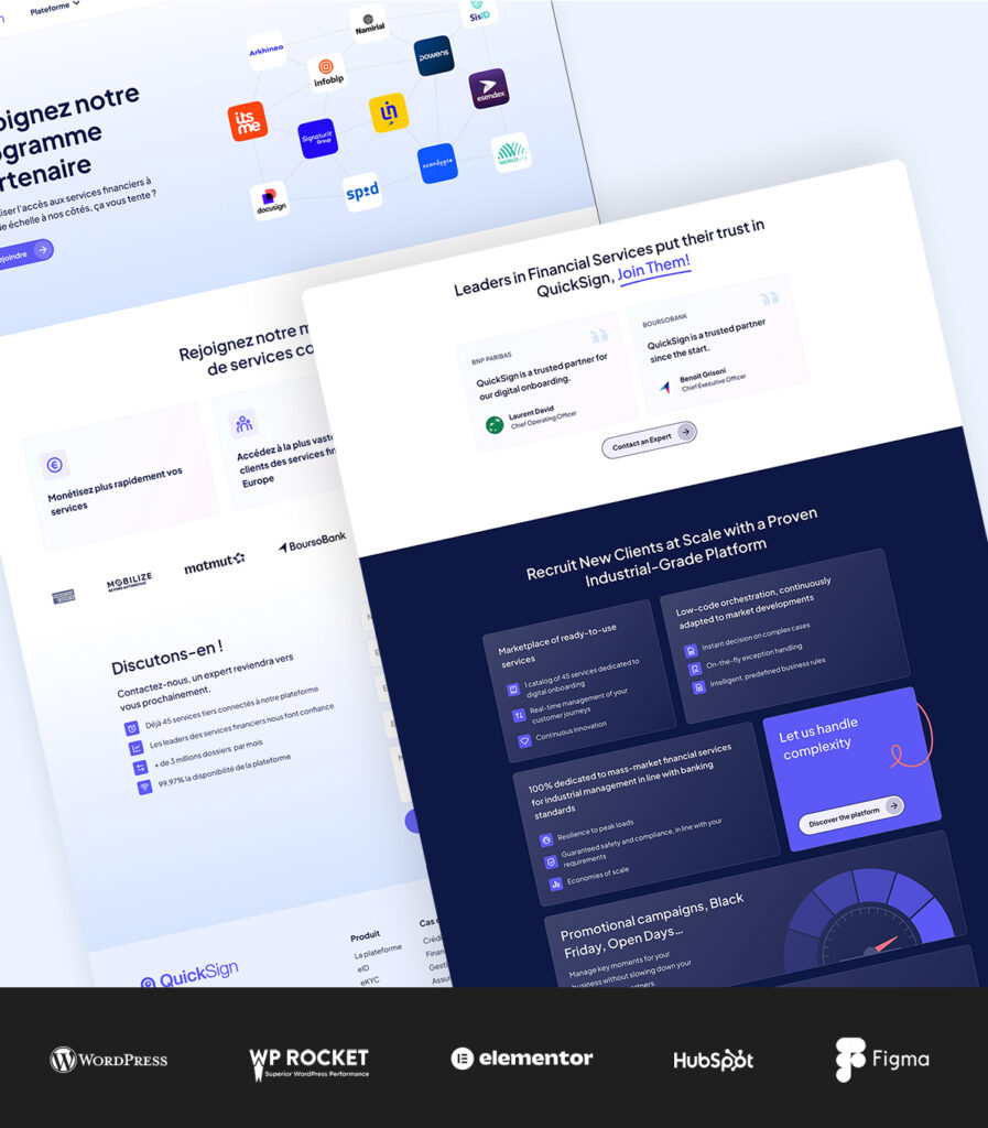 Présentation du site QuickSign mettant en avant la marketplace de services financiers et les partenaires majeurs, développée avec WordPress, WP Rocket, Elementor et Figma.