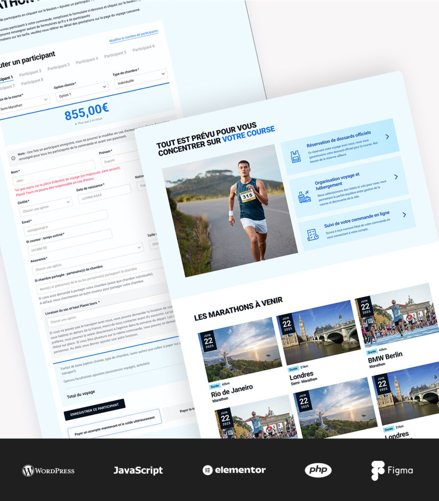 Interface du site Planet Tours avec système de réservation intégré, conçue avec WordPress, Elementor, PHP, JavaScript et Figma.