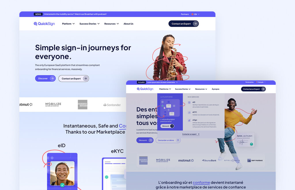 Aperçu de la refonte du site web QuickSign, réalisée sur WordPress avec Elementor, illustrant une interface claire et professionnelle pour le secteur financier.