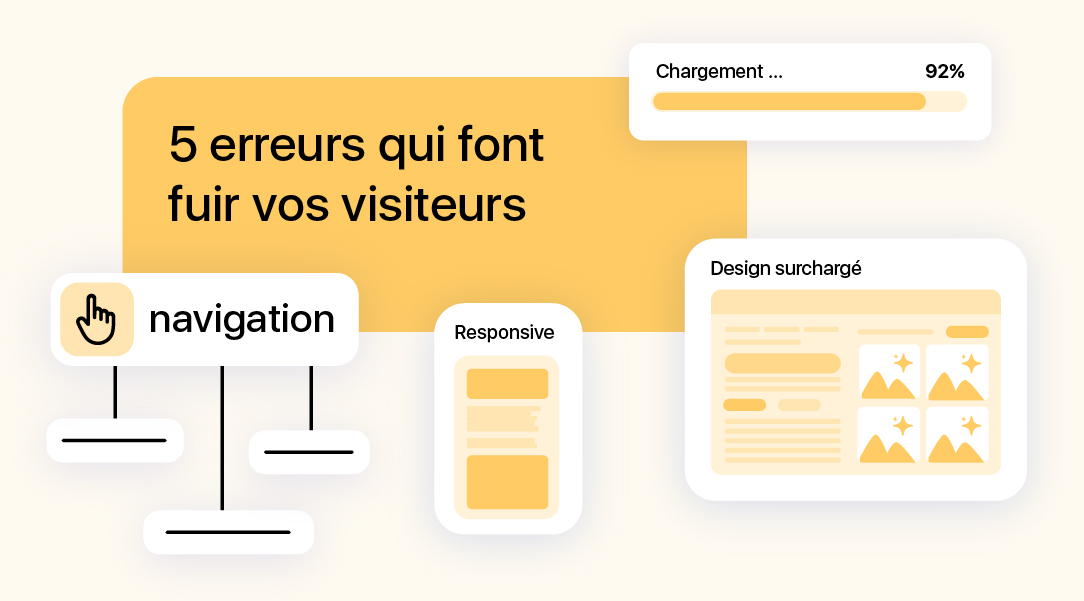 Visuel mettant en avant les erreurs fréquentes de navigation, de responsive design et de temps de chargement sur un site web.