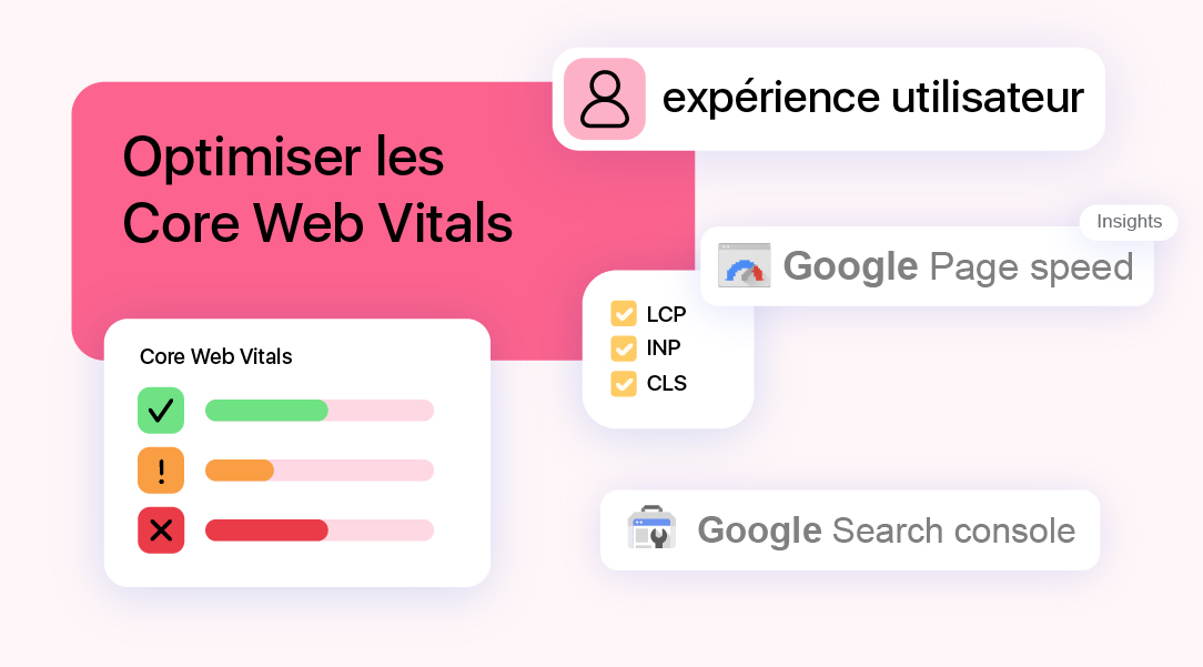 Illustration présentant les indicateurs Core Web Vitals (LCP, INP, CLS) avec Google PageSpeed et Search Console pour améliorer l’expérience utilisateur.