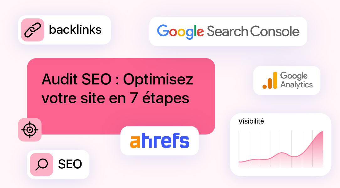 Illustration sur l’audit SEO mettant en avant Ahrefs, Google Analytics, Search Console, backlinks et visibilité du site.