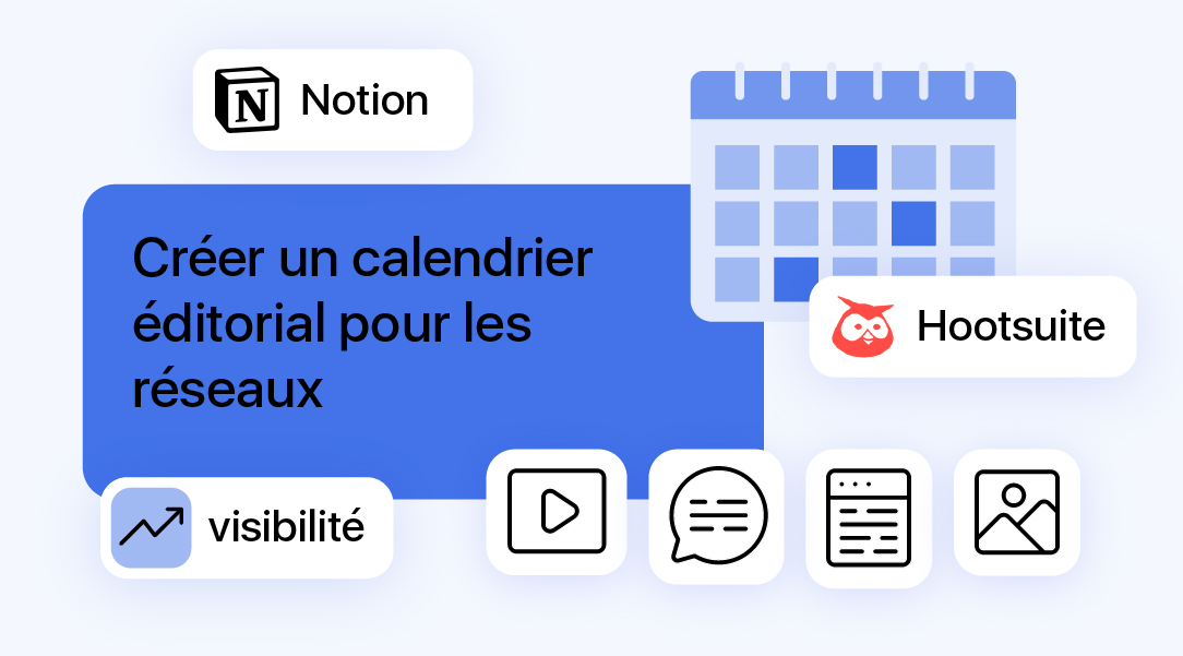 Illustration sur la planification des réseaux sociaux avec Notion, Hootsuite et les différents formats de contenu.