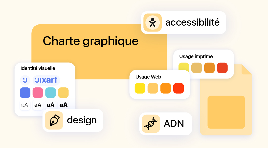 Visuel sur la création d’une charte graphique évoquant le design, l’accessibilité et les usages web et print.