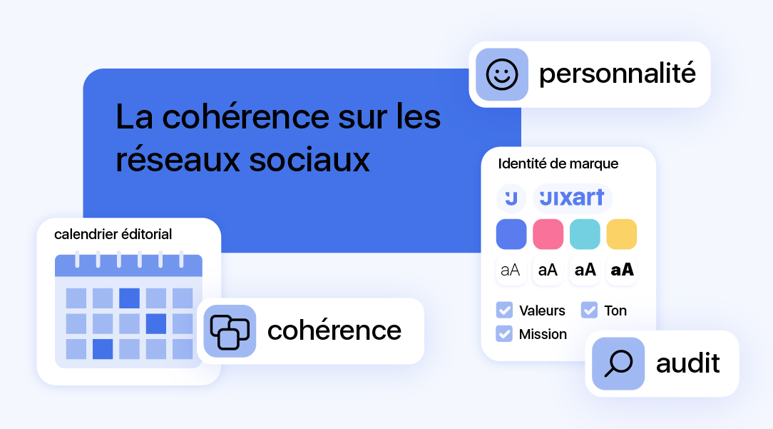 Illustration sur la cohérence de marque avec des éléments de calendrier éditorial, identité visuelle et ton de communication.