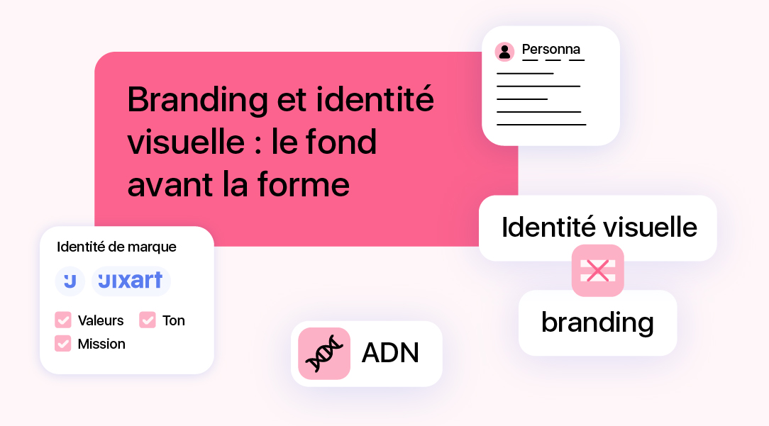 Illustration expliquant la différence entre branding et identité visuelle, avec les notions d’ADN, valeurs, mission et persona.