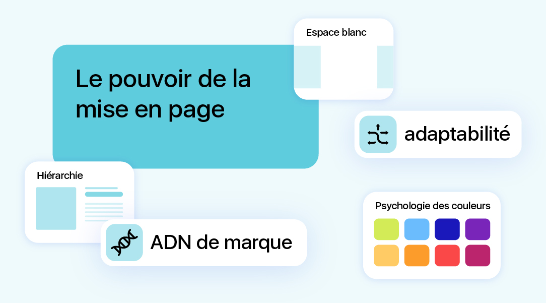 Visuel sur la mise en page évoquant la hiérarchie visuelle, la psychologie des couleurs et l’ADN de marque.