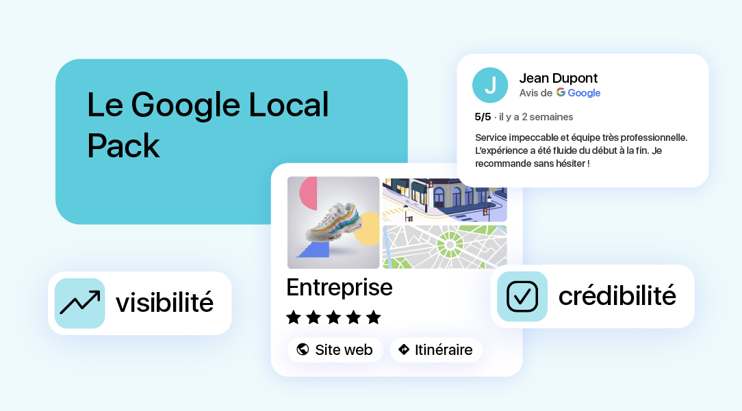 Visuel illustrant le Google Local Pack avec avis clients, carte et liens vers le site web pour améliorer visibilité et crédibilité.