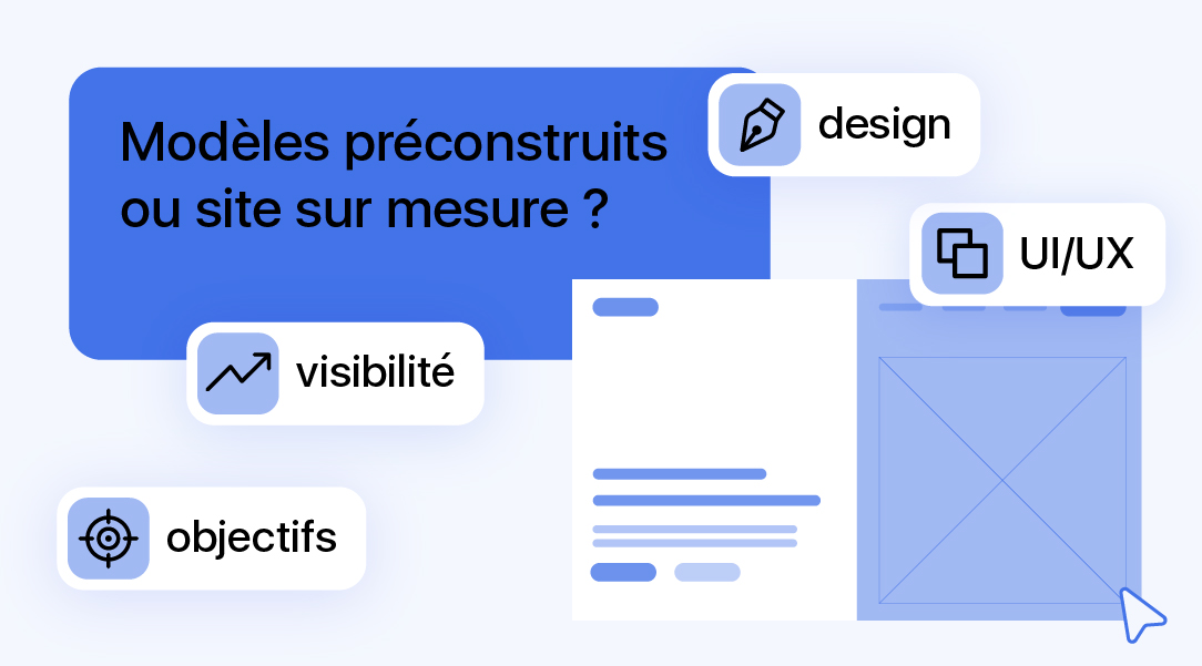 Illustration comparant modèles de site web et conception sur mesure avec les notions de design, UI/UX, visibilité et objectifs.