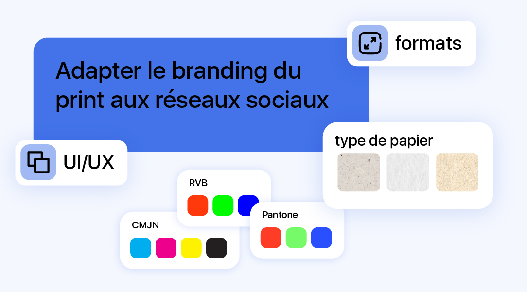 Illustration de l’adaptation du branding print vers le digital avec formats réseaux sociaux couleurs RVB CMJN Pantone et réflexion UI UX