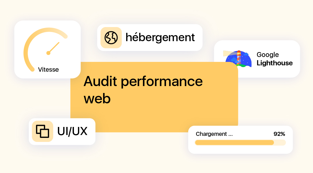 llustration d’un audit performance web avec vitesse, hébergement, UI UX et Google Lighthouse
