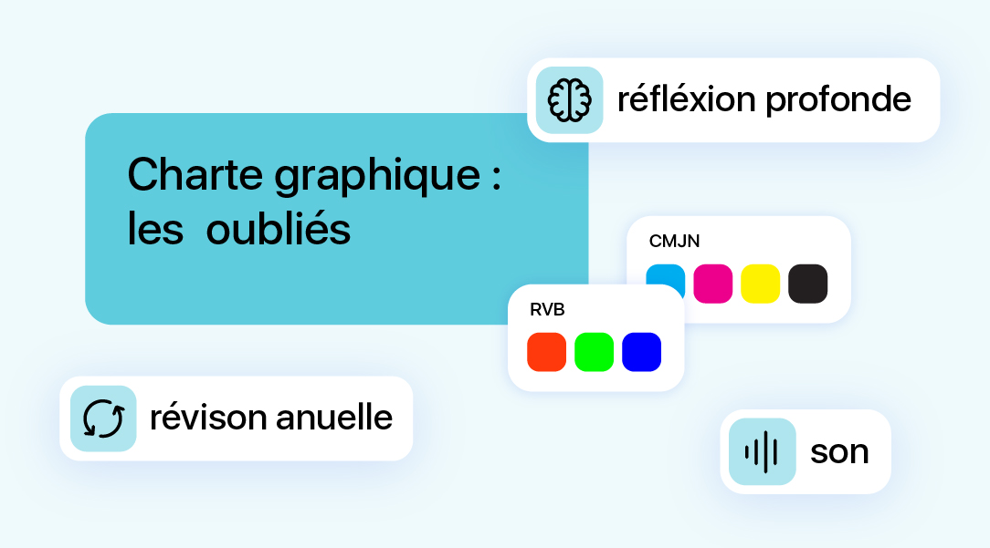 Illustration d’une charte graphique avec palettes de couleurs RVB et CMJN, réflexion stratégique et révision annuelle de l’identité visuelle