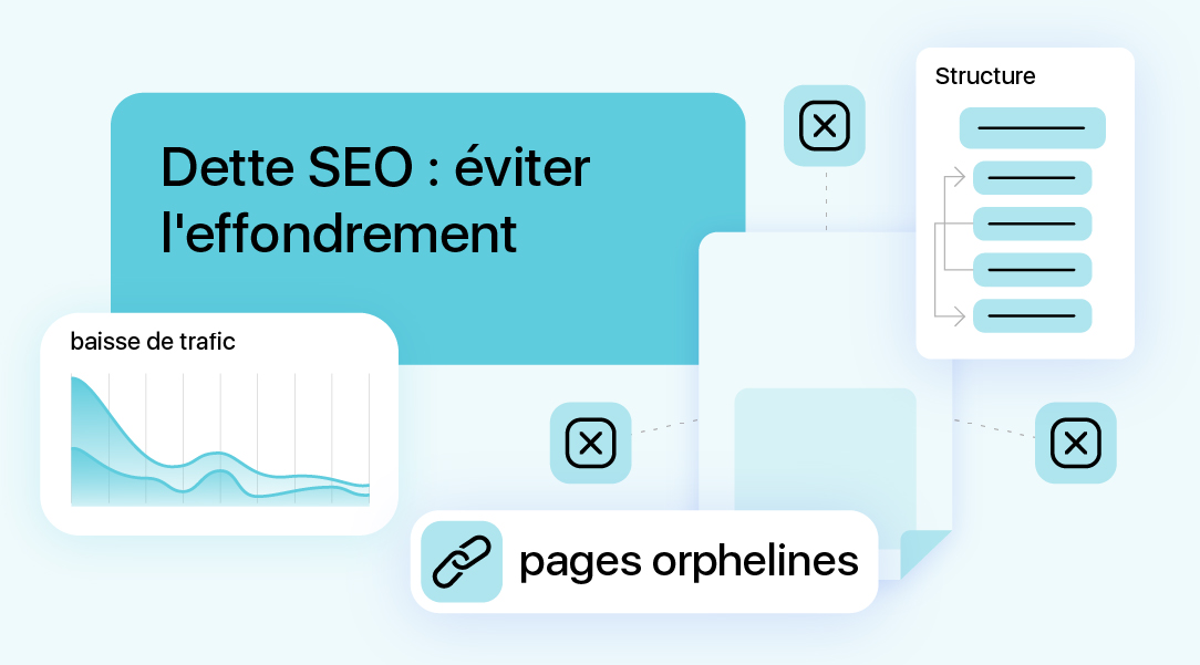 Graphique montrant une baisse de trafic avec des icônes de pages orphelines et une mauvaise structure interne