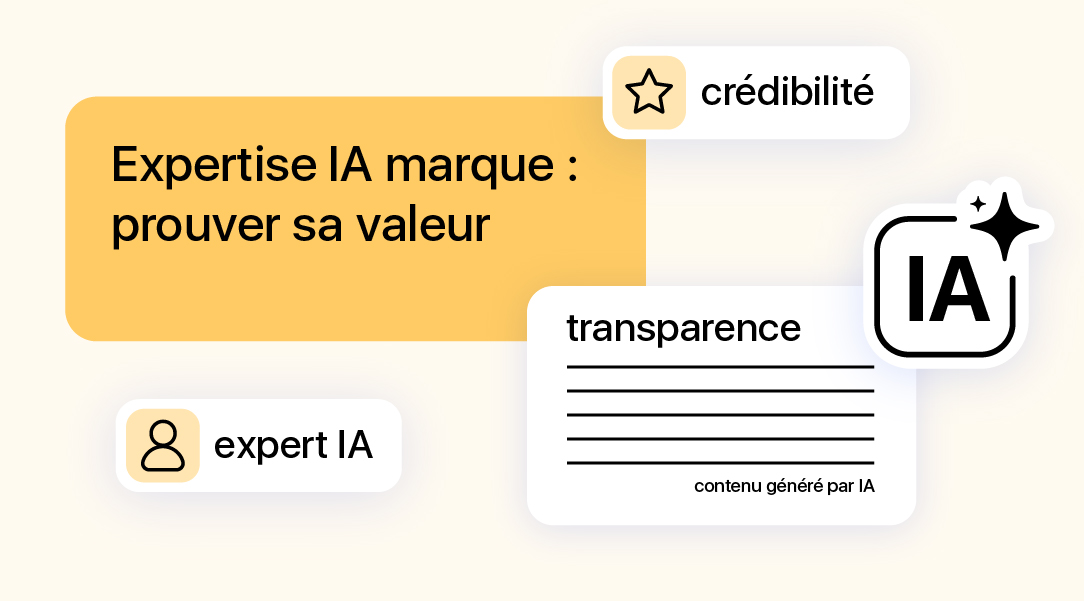Illustration mettant en avant l’expertise IA d’une marque avec notions de crédibilité, transparence et contenu généré par intelligence artificielle