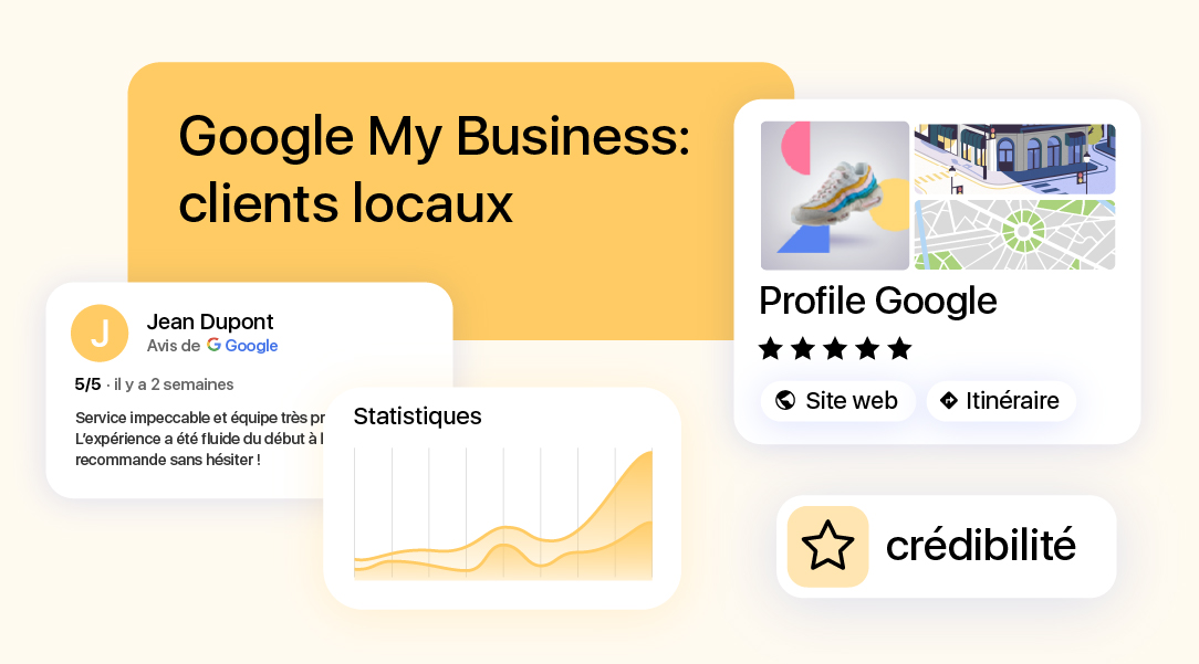Visuel Google My Business montrant un avis client cinq étoiles, des statistiques et un profil professionnel optimisé pour attirer les clients locaux