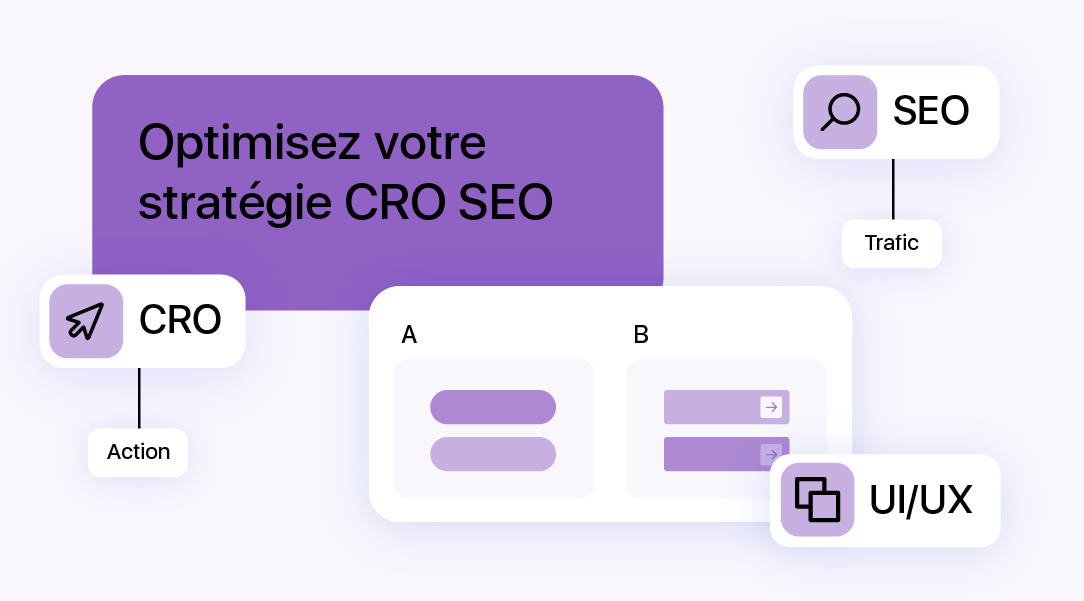 Illustration d’une stratégie CRO SEO montrant la relation entre trafic SEO, actions utilisateurs et tests A B pour améliorer les conversions