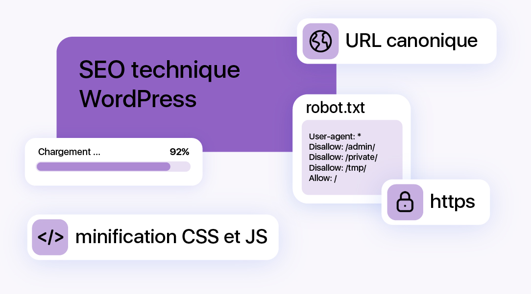 Illustration du SEO technique sur WordPress avec optimisation des performances chargement rapide minification CSS et JavaScript robot txt et URL canonique