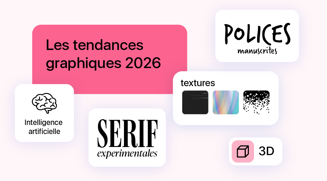 Visuel présentant les tendances graphiques 2026 avec polices manuscrites, textures, 3D, intelligence artificielle et typo serif expérimentale