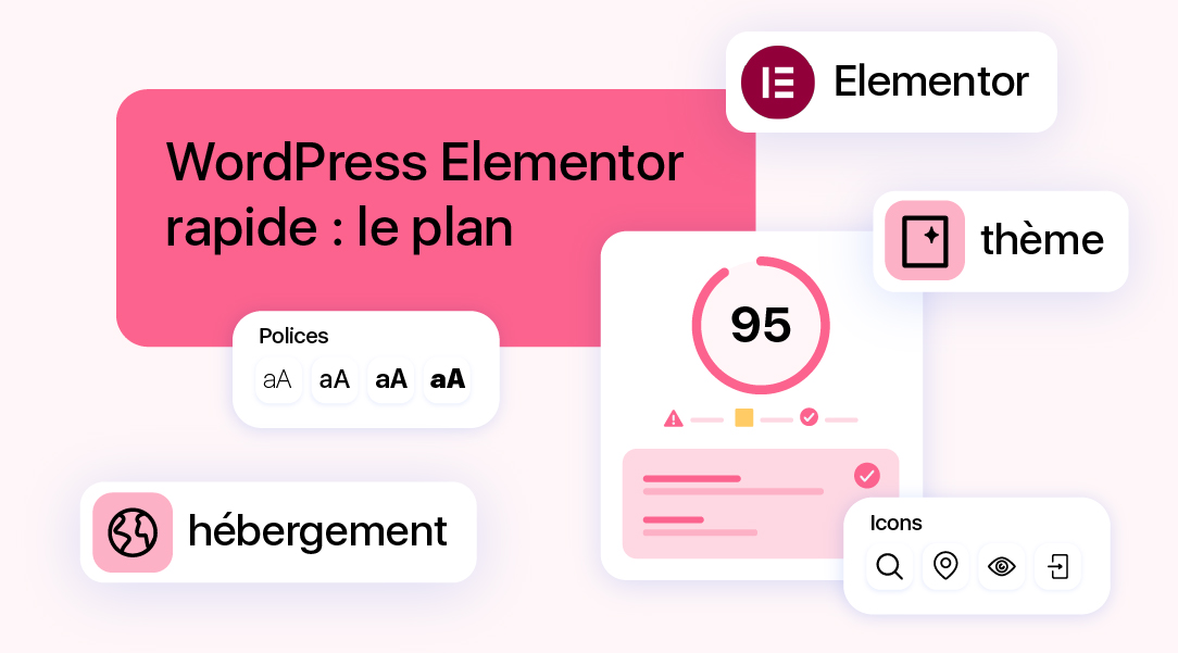 Visuel montrant une note de performance élevée avec icônes Elementor thème polices hébergement et optimisation