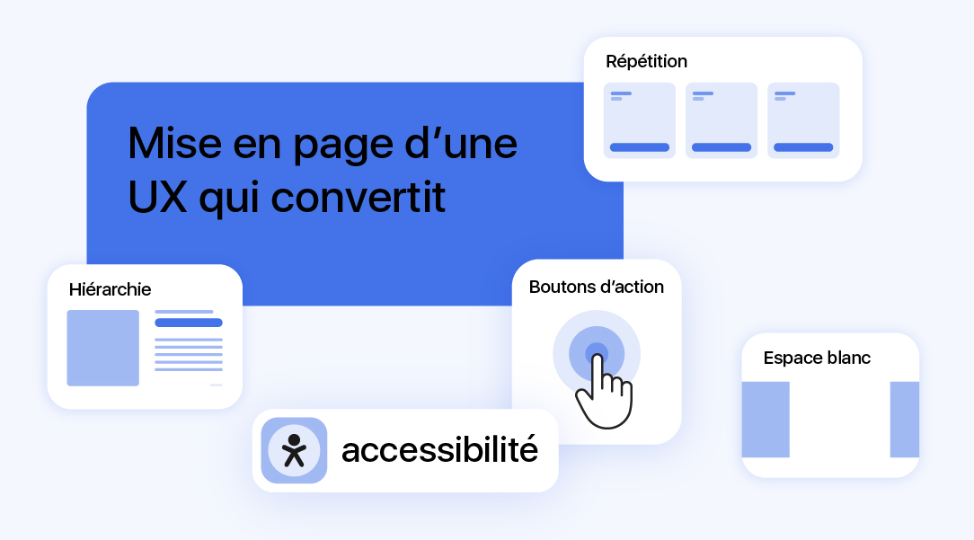 Illustration d’une interface UX optimisée avec hiérarchie visuelle boutons d’action accessibilité et gestion de l’espace blanc
